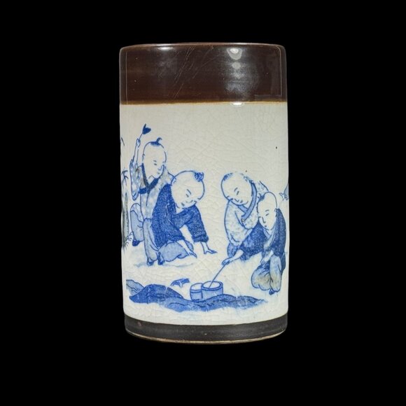 Ming Dynasty Xuande Marked Small Brush Pot Blue Brown White Porcelain 4 3/8 H - Picture 2 of 10